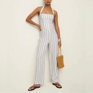 Reformation Harbor Blue & White Striped Halter Jumpsuit Size 8 NWT linen